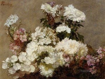 Henri Fantin Latour Painting - White Phlox Summer Chrysanthemum and Larkspur Henri Fantin Latour